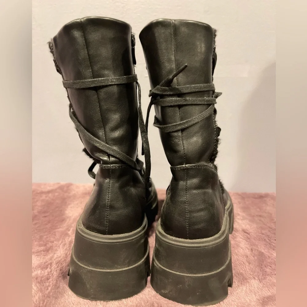 Black Leather Sherpa Tie Up Platform Boots - Picture 2 of 5